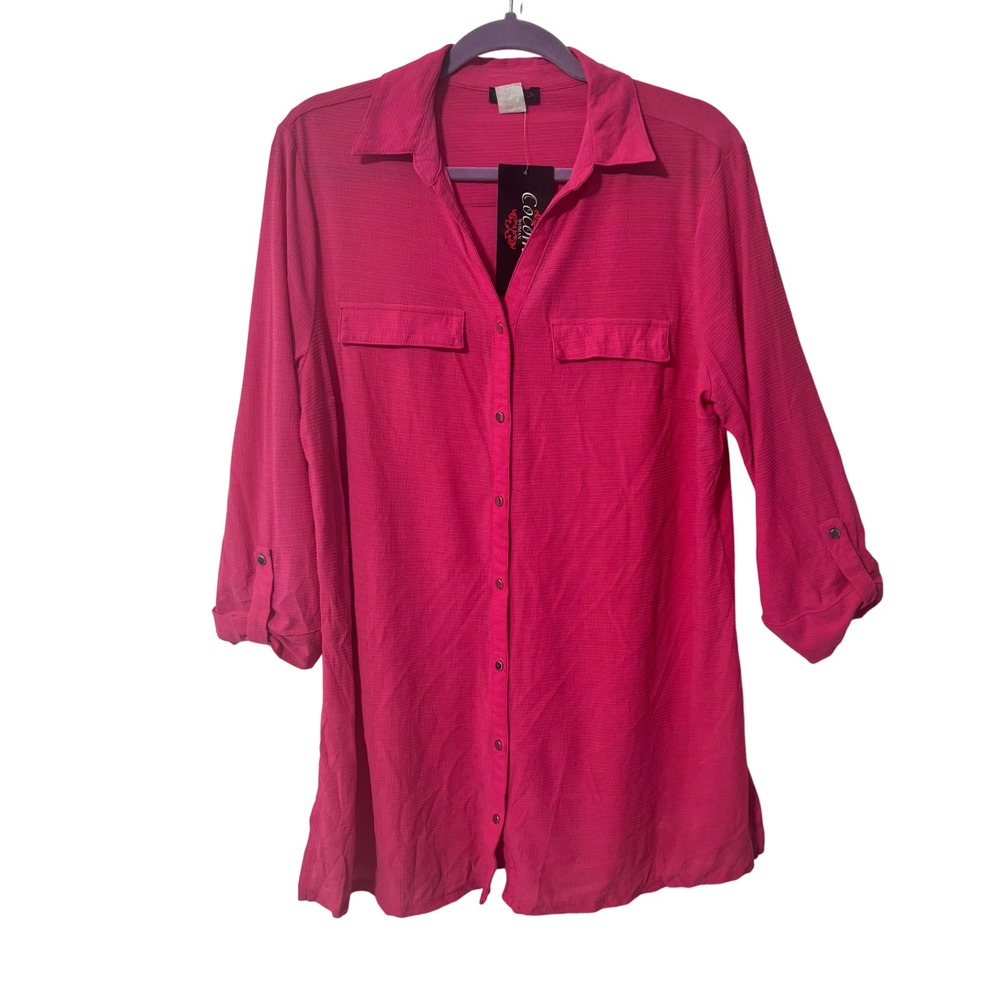 Cocomo Woman Hot Pink Roll Tab Sleeve Button Down Tunic Top 1X NWT